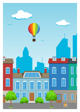 Long city street with various urban buildings, houses, shops, cafes, trees and facilities.のイラスト素材