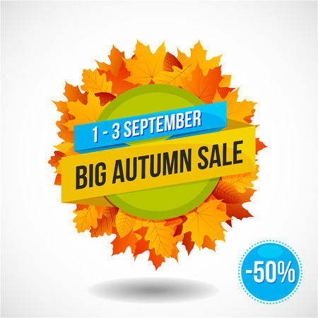 Big colorful autumn sale discount emblem or sticker design with lots of yellow, red and orange autumn leavesのイラスト素材