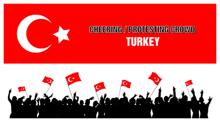 A set of 5 Turkey silhouettes of cheering or protesting crowd of people with Turkish flags and banners.のイラスト素材