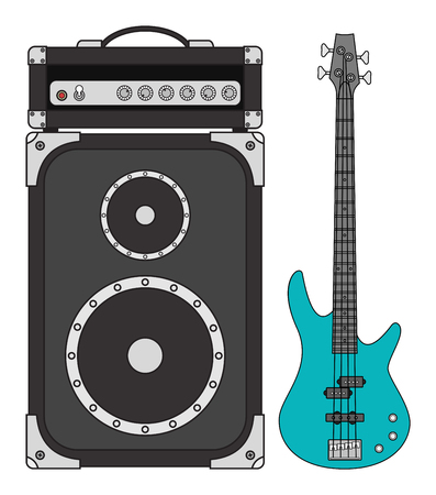 Rock electric bass guitar and amplifier for concerts and festivals in colorsのイラスト素材