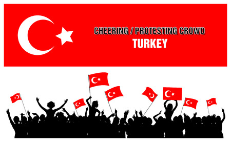 A set of 5 Turkey silhouettes of cheering or protesting crowd of people with Turkish flags and banners.の写真素材