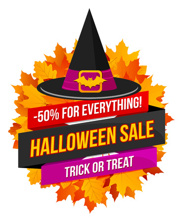 Halloween sale or special discount offer colorful emblem with autumn leaves and a witches hat isolatedのイラスト素材