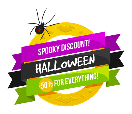 Halloween sale or special discount offer colorful design emblem with a spider and golden ring isolatedのイラスト素材