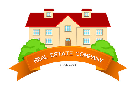 Colorful real estate, sticker or emblem with a house, bushes and a ribbon for company or slogan isolatedのイラスト素材