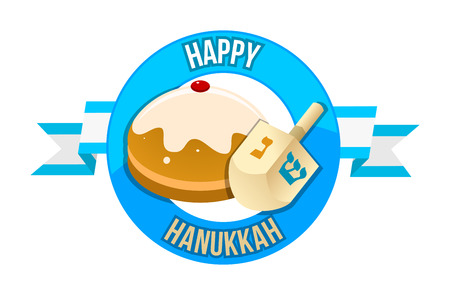 Hanukkah sale or discount design for emblem, sticker with a dreidel and donut isolatedのイラスト素材