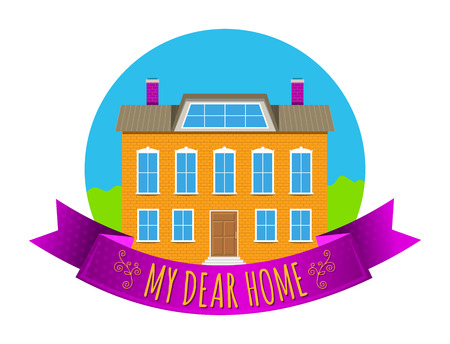Colorful real estate, sticker or emblem with a house, bushes, sky and slogan My dear home isolatedのイラスト素材
