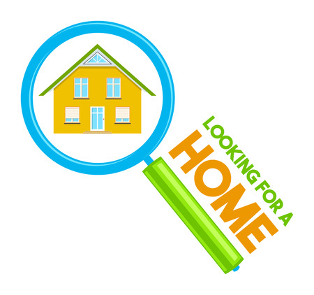 Colorful real estate, sticker or emblem with a house in a looking glass and slogan Looking for a home isolatedのイラスト素材