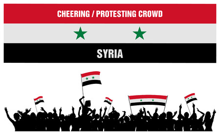 Syria silhouette of cheering or protesting crowd of people with Syrian flags and banners isolatedのイラスト素材