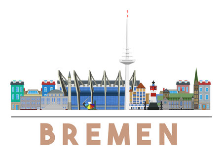 Colorful and detailed skyline of Bremen with various landmarks of Bremen, Germany isolatedのイラスト素材
