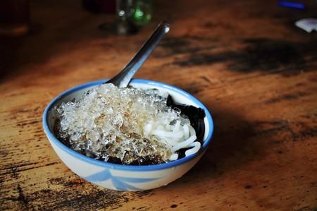 A bowl of ice grass jelly dessertの写真素材