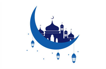 Vector Ramadan Moon Mosque Lantern Simple Blue Colorのイラスト素材