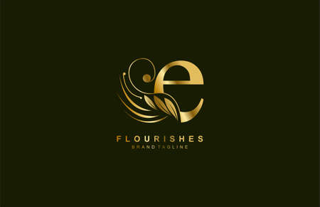 lowercase letter e linked beauty flourish golden color logo designのイラスト素材