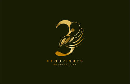 number 3 linked beauty flourish golden color logo designのイラスト素材