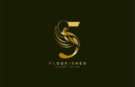 number 5 linked beauty flourish golden color logo designのイラスト素材