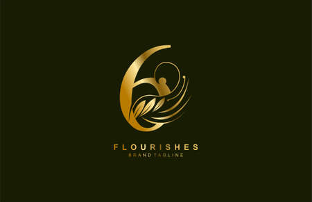 number 6 linked beauty flourish golden color logo designのイラスト素材