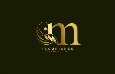 lowercase letter m linked beauty flourish golden color logo designのイラスト素材
