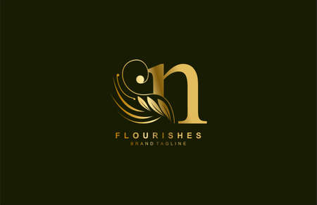 lowercase letter n linked beauty flourish golden color logo designのイラスト素材