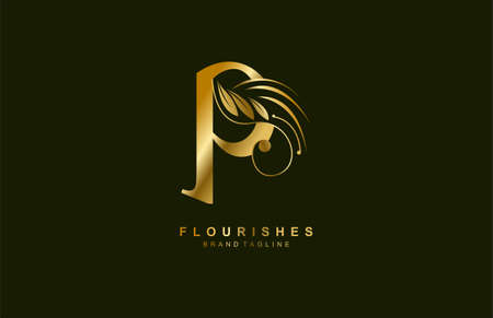 lowercase letter p linked beauty flourish golden color logo designのイラスト素材