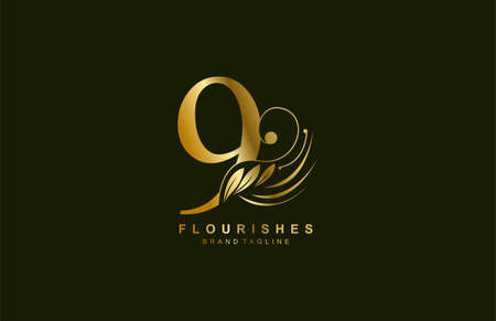 number 9 linked beauty flourish golden color logo designのイラスト素材