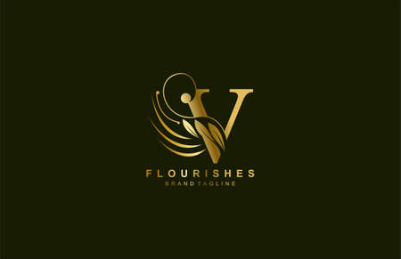 lowercase letter v linked beauty flourish golden color logo designのイラスト素材
