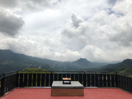 Blue White Sky Background Mountain Wallpaper with Cloudsの写真素材