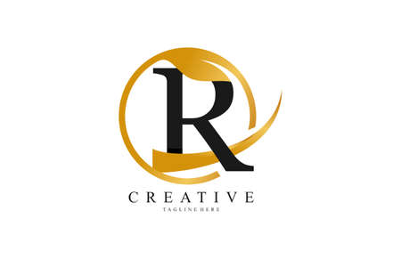 Initial Typography Stylish Swoosh Gold Circle Leaf Logoのイラスト素材