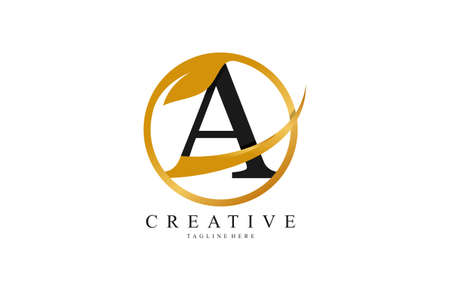 Initial Typography Stylish Swoosh Gold Circle Leaf Logoのイラスト素材