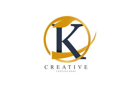 Initial Typography Stylish Swoosh Gold Circle Leaf Logoのイラスト素材