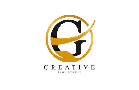 Initial Typography Stylish Swoosh Gold Circle Leaf Logoのイラスト素材