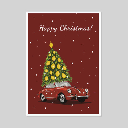 Merry Christmas illustration vector template design. Postcard with red car and Chrismas treeのイラスト素材
