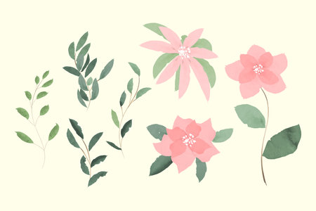 Set of watercolor green leaves and flowers elements. Collection botanical vector isolated on white backgroundのイラスト素材