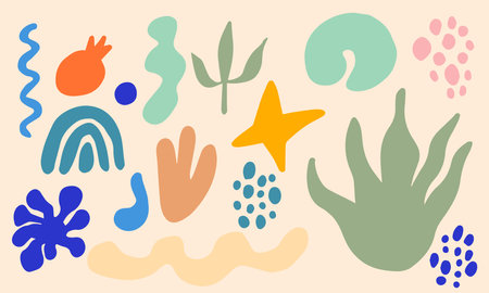 Set of trendy doodle and abstract random icons on isolated background. Abstract shapes matisse styleのイラスト素材