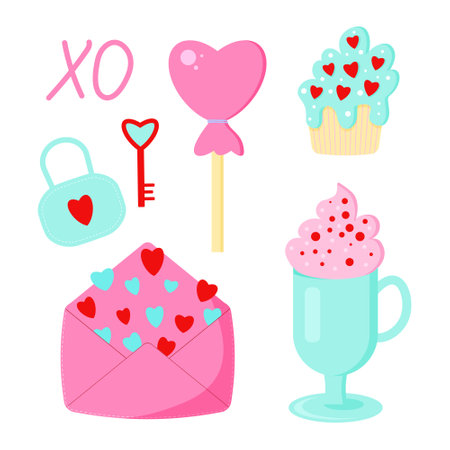 Saint Valentine s day vector set. Envelope, coffee, pancake, lollipip, lock and keyのイラスト素材