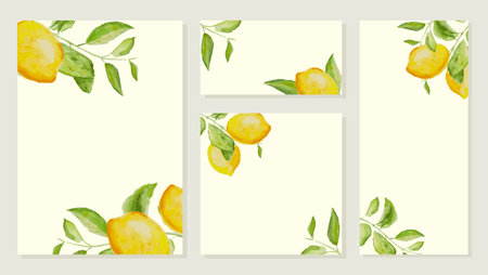 Wedding invitation card with watercolor lemon brunches. Template for greeting, birthday cards, posters with text place.のイラスト素材