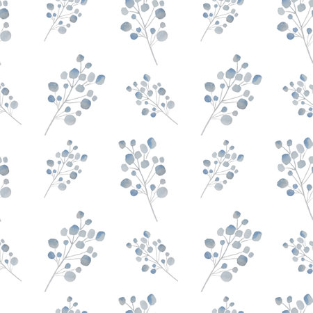 Seamless pattern, background, texture print with light watercolor hand drawn blue color plants.の写真素材