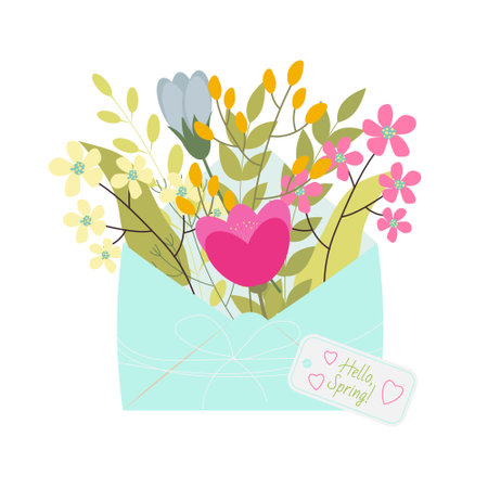 Bouquet of spring flowers inside the envelope with text Hello spring. Flat designのイラスト素材