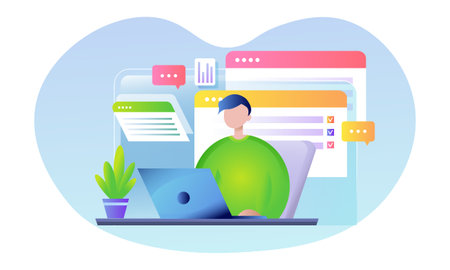 Manwith laptop on the table. Online education and online work concept. Flat style, gradient. Vector illustrationのイラスト素材
