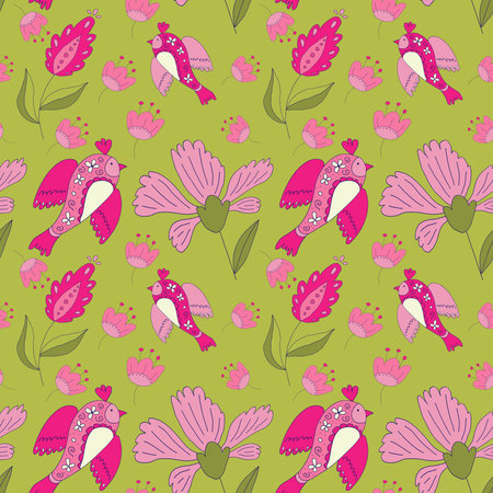 Seamless pattern with birds and flowers on a green background. Spring holiday. Vector Illustration.