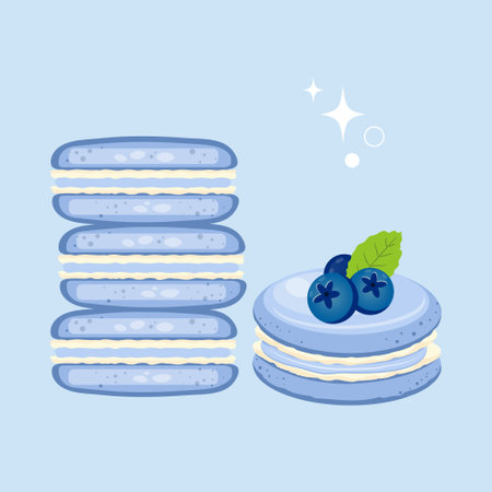 Blue macaroons with blueberries and mint. French pastry macaron. Blueberry, raspberry, mint. Highly detailed dessert, macaroon, sweets, menu design, restaurants shopのイラスト素材