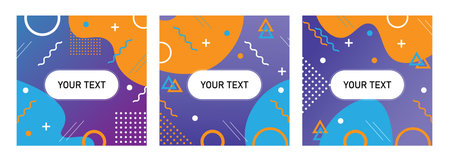 Memphis style cards Design Collection of Colorful templates with geometric shapes. Trendy Memphis fashion 80s-90s. Perfect for ad, invitation, presentation Isolated Vector illustrationのイラスト素材