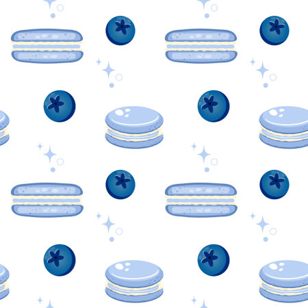 Blueberry macarons and lavender flowers. Tasty seamless pattern.のイラスト素材