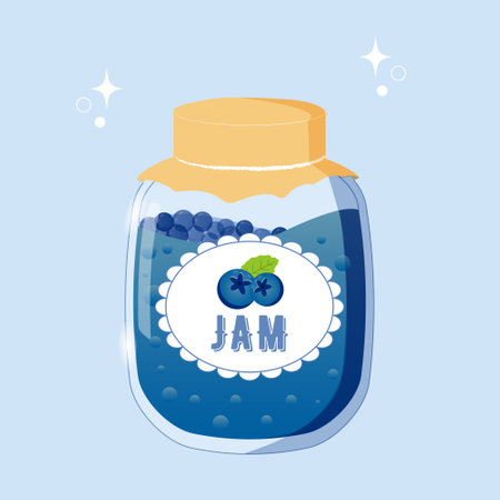 Natural organic blueberry jam in glass with tag and paper cover vector illustrationのイラスト素材