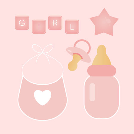Baby shower banner with bottle, nipple, bib and text Girl on pink background. Vector illustrationのイラスト素材