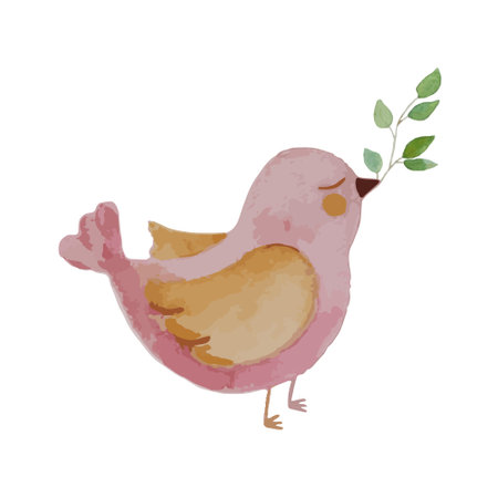 Watercolor pink cute bird with green branch. Vector illustrationのイラスト素材