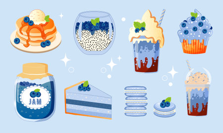Set of colorful desserts with blueberry. Pancake, chia pudding, coffee, cake, jam, macarons coctail Vector illustrationのイラスト素材