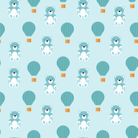 Baby shower seamless pattern with balloon and bear on blue background. It s a boy.のイラスト素材