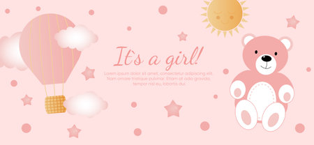 Baby shower horizontal banner with pink bear, clouds, stars, sun and balloon on pink background. It s a girl. Vector illustrationのイラスト素材