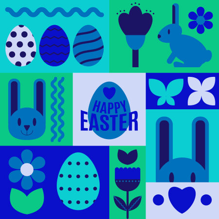 Happy Easter. Patterns. Modern geometric abstract style. Easter eggs, rabbit., flowers. Perfect for a poster, cover or postcard Vector illustrationsのイラスト素材