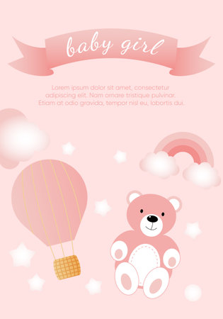 Baby shower banner with pink bear, clouds, stars, rainbow and balloon on pink background. It s a girl.のイラスト素材