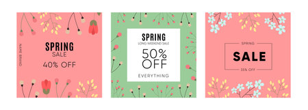 Spring Sale square templates with blossom flowers on pink and green Background. Vector EPS10のイラスト素材